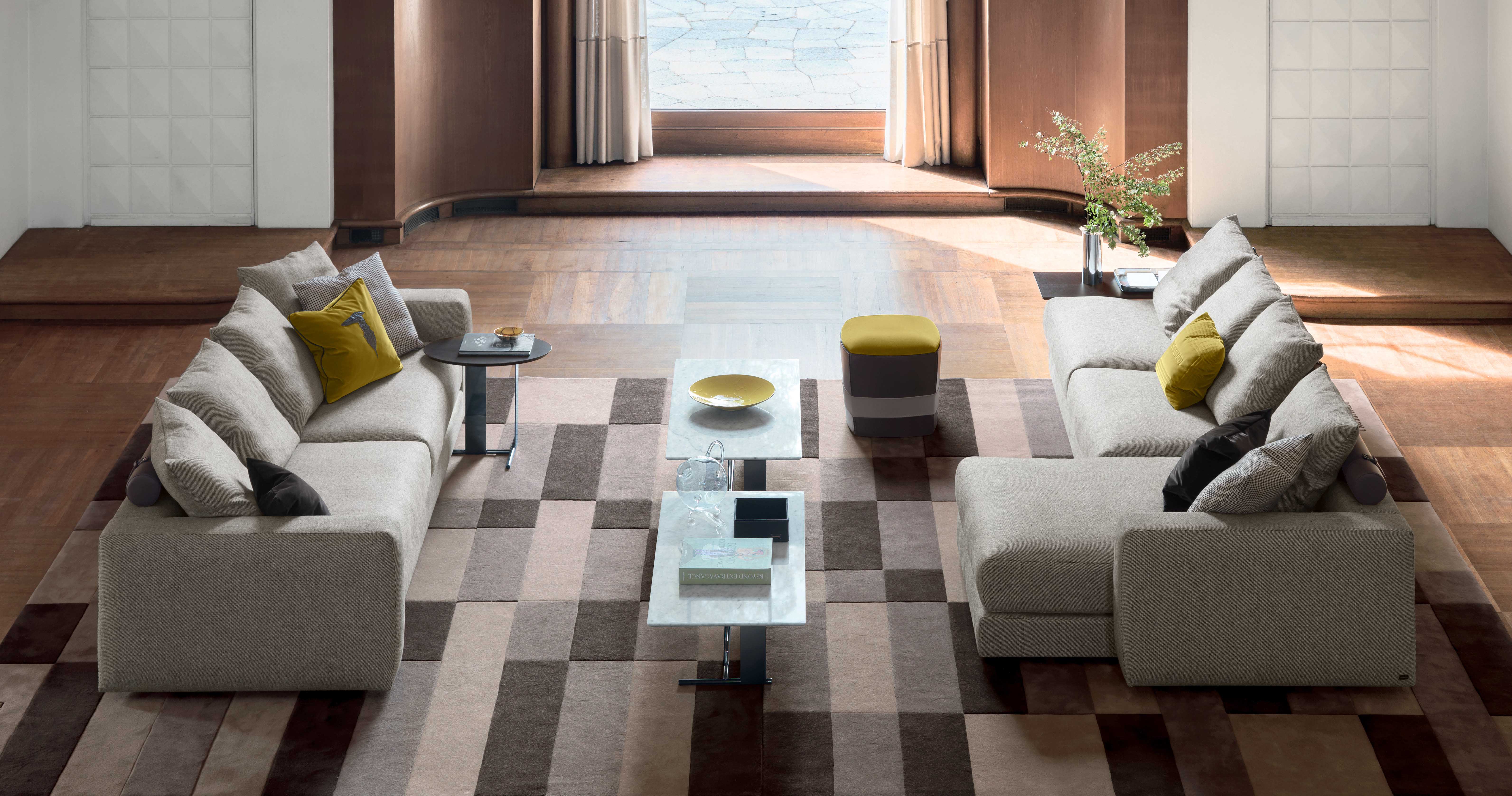Trussardi Liam II sectional sofas, Sidy coffee and side tables, Pouf 414 ottoman, Field rug