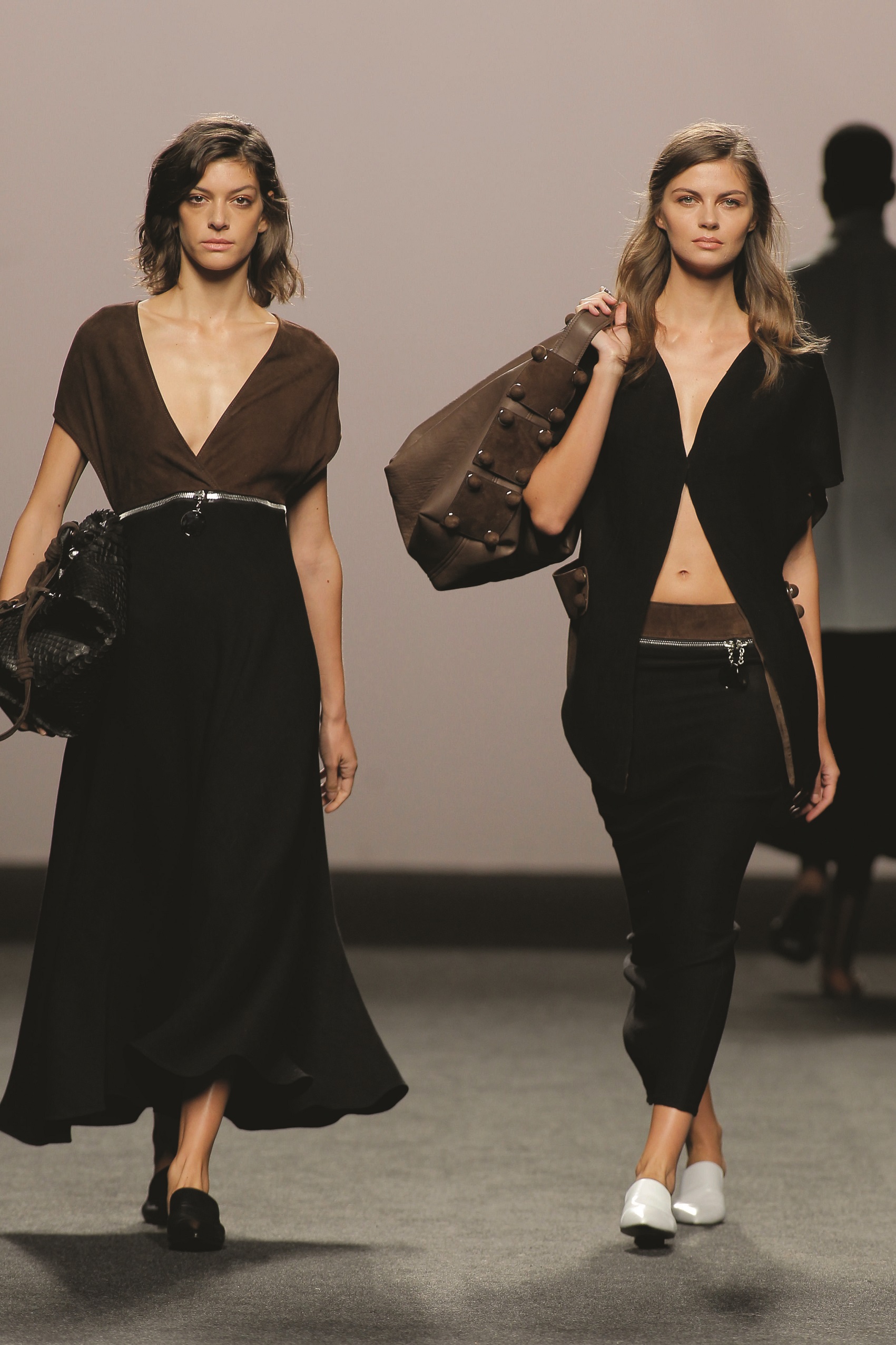Marcos Luengo: Black & Chocolate Dress, Leather Handbag/ Black & Chocolate Trousers, Black Top, Leather Handbag