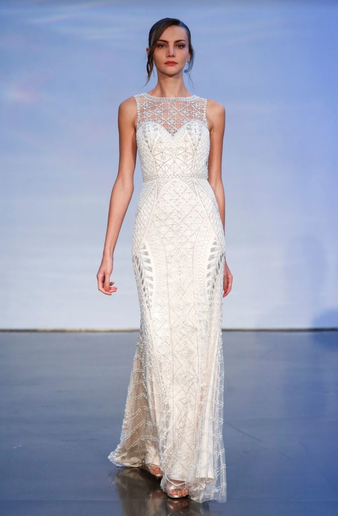 JUSTIN ALEXANDER SIGNATURE: ODESSA - Bateau Neckline Geometric Beaded Fit And Flare Dress With Keyhole Back