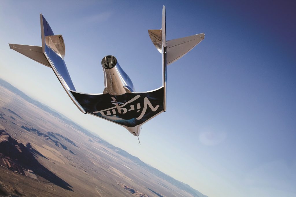 Virgin Spaceship Unity (VSS Unity) glides for the first time after being released from Virgin Mothership Eve (VMS Eve) over the Mojave Desert on 3rd, December 2016.
