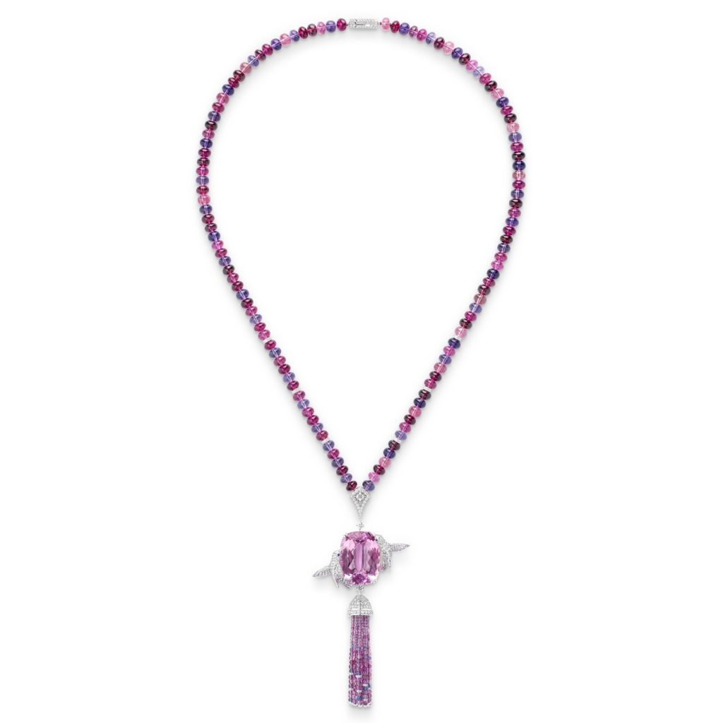 BOUCHERON: Hopi The Hummingbird Long Necklace Set With A 50.31 ct Cushion Pink Morganite And Amethysts,Tourmalines, Rubellites, Rhodolites And Sapphires, Paved With Diamonds, On White And Pink Gold