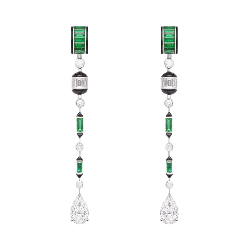 BOUCHERON: Pluie Art Déco Pendant Earrings From Nature Triomphante High Jewelry Collection Set With Two Pear Diamonds, Emeralds And Onyx, Paved With Diamonds, On White Gold