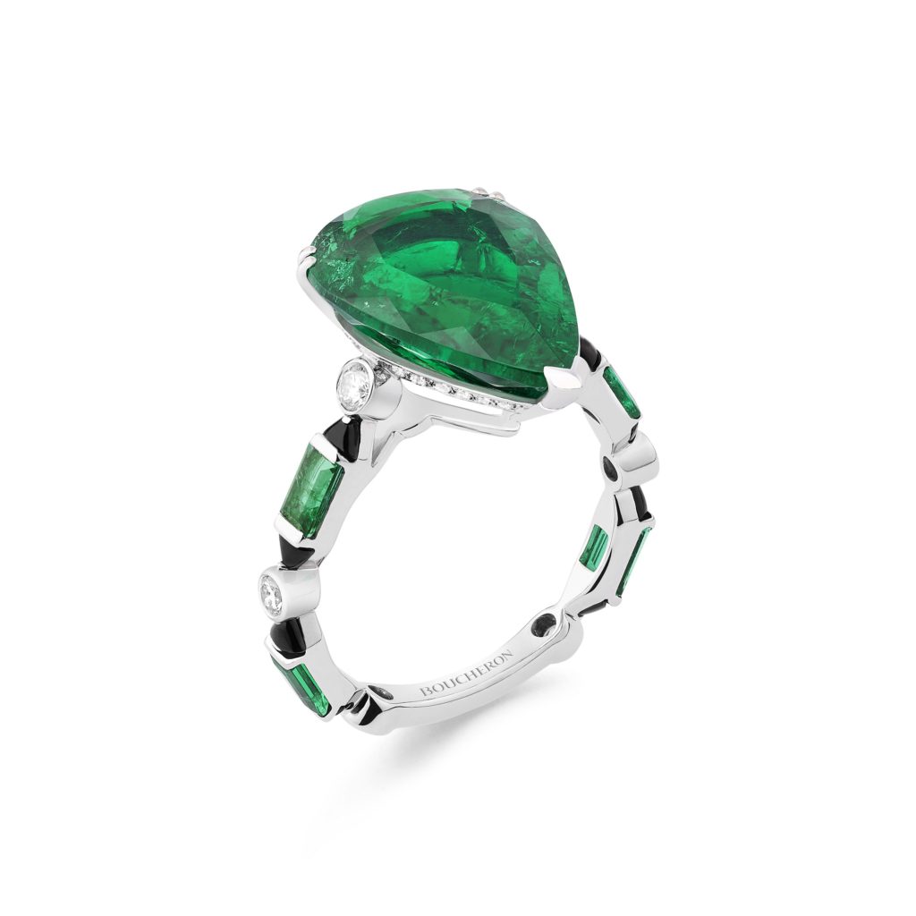BOUCHERON: Pluie Art Déco Ring From Nature Triomphante High Jewelry Collection Set With A 6,42 ct Colombian Pear Emerald, Emeralds And Onyx, Paved With Diamonds, On White Gold
